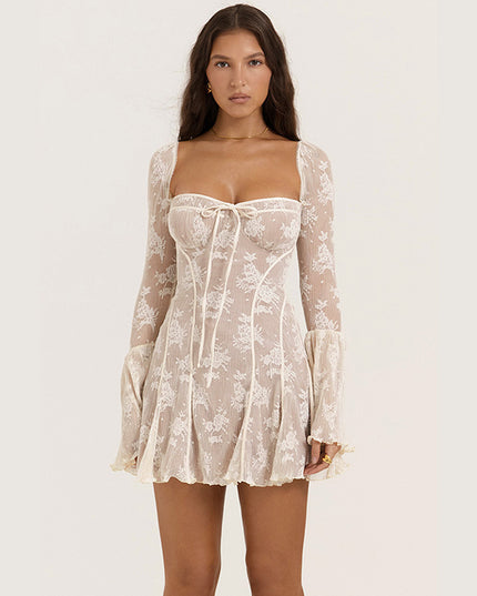 Lace Square Collar Dress Bell-bottom Long Sleeve Tied A- Line Dresses Womens Clothing
