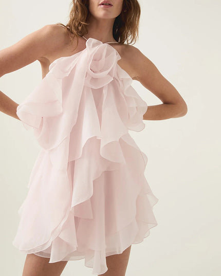 Halter Three-dimensional Flower Design Lace-up Sleeveless Dress