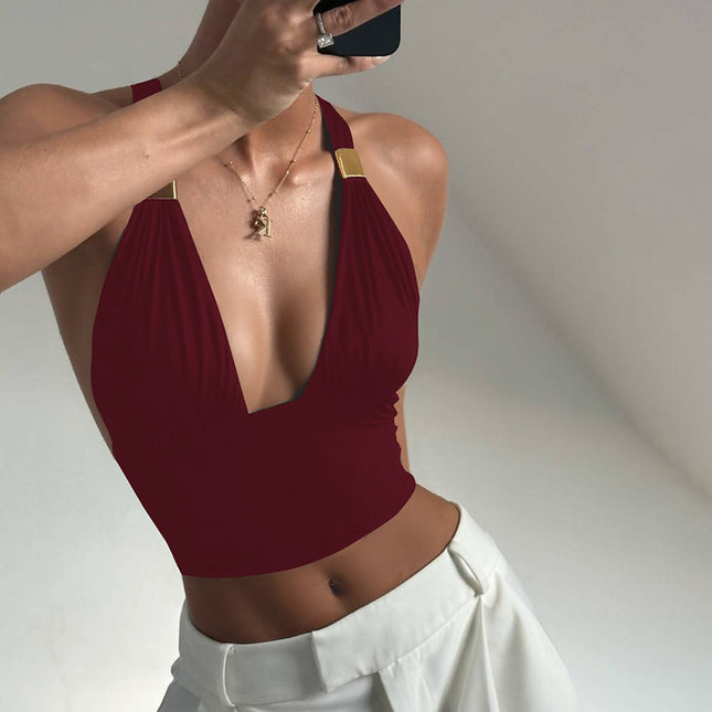 Deep V Metal Decorative Halter Backless Slim Fit Tied Tube Top