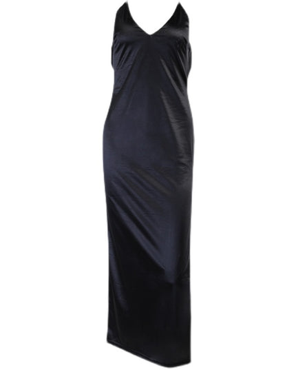 Satin Maxi Dress Women Sexy Black Backless Split Party Dresses Off Shoulder V Neck