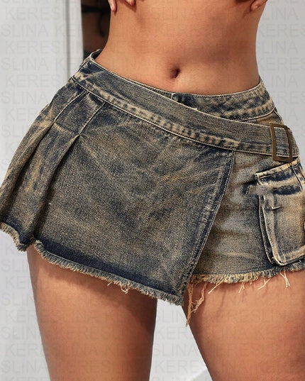 Women's Low Waist Irregular Design Denim Short Skirt