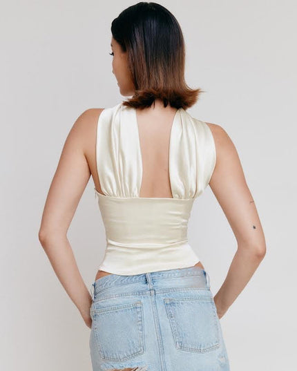 Elegant Graceful Pure Color Halter Bandeau One-shoulder Lady's Date Figure-flattering Top