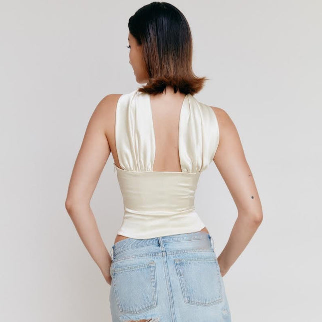 Elegant Graceful Pure Color Halter Bandeau One-shoulder Lady's Date Figure-flattering Top