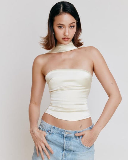 Elegant Graceful Pure Color Halter Bandeau One-shoulder Lady's Date Figure-flattering Top