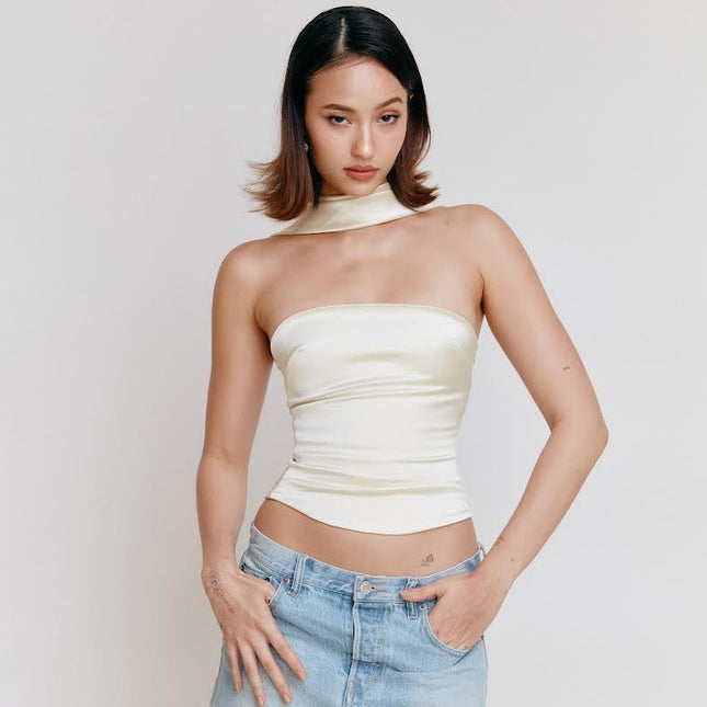 Elegant Graceful Pure Color Halter Bandeau One-shoulder Lady's Date Figure-flattering Top