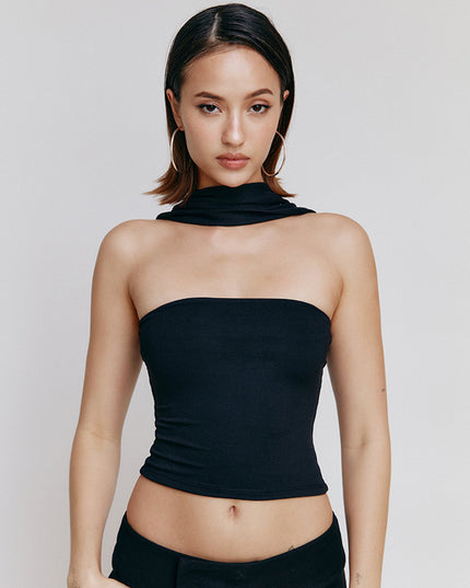 Elegant Graceful Pure Color Halter Bandeau One-shoulder Lady's Date Figure-flattering Top