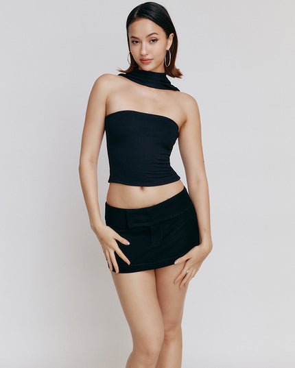Elegant Graceful Pure Color Halter Bandeau One-shoulder Lady's Date Figure-flattering Top