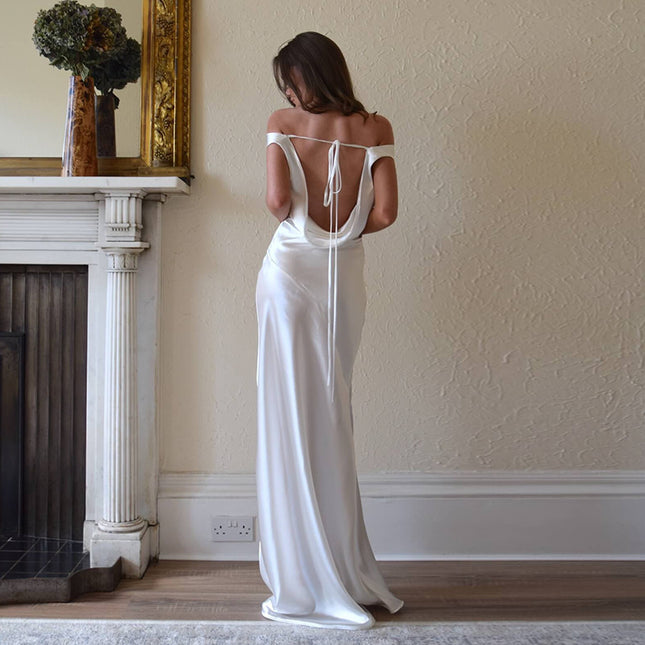 Elegant Pearlescent Backless Dress Lace-up Swing Collar Dress