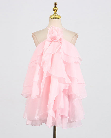 Halter Three-dimensional Flower Design Lace-up Sleeveless Dress