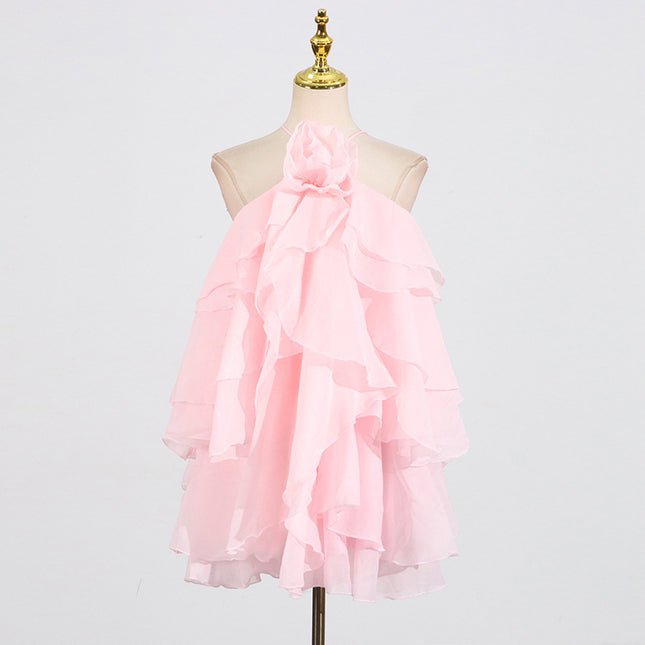 Halter Three-dimensional Flower Design Lace-up Sleeveless Dress