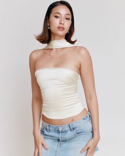 Elegant Graceful Pure Color Halter Bandeau One-shoulder Lady's Date Figure-flattering Top