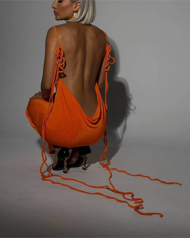Sexy Slim Backless Dress Summer Camisole Gown Lace-up Long Dress