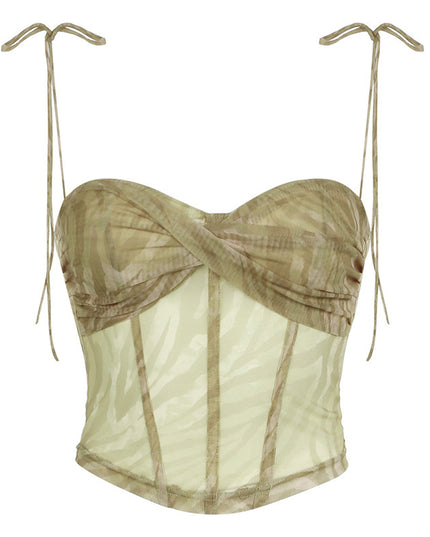 Sexy Style Corrugated Printed Double Layer Mesh Camisole Low Collar Irregular Cinched Tube Top Vest Top