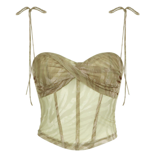 Sexy Style Corrugated Printed Double Layer Mesh Camisole Low Collar Irregular Cinched Tube Top Vest Top
