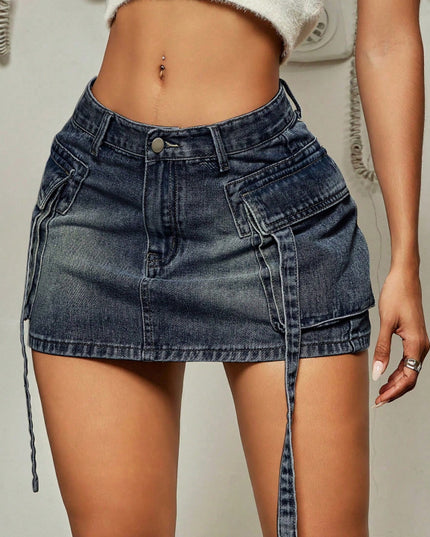 Cargo Pocket Long Tether Short Skirt Tooling Denim Skirt