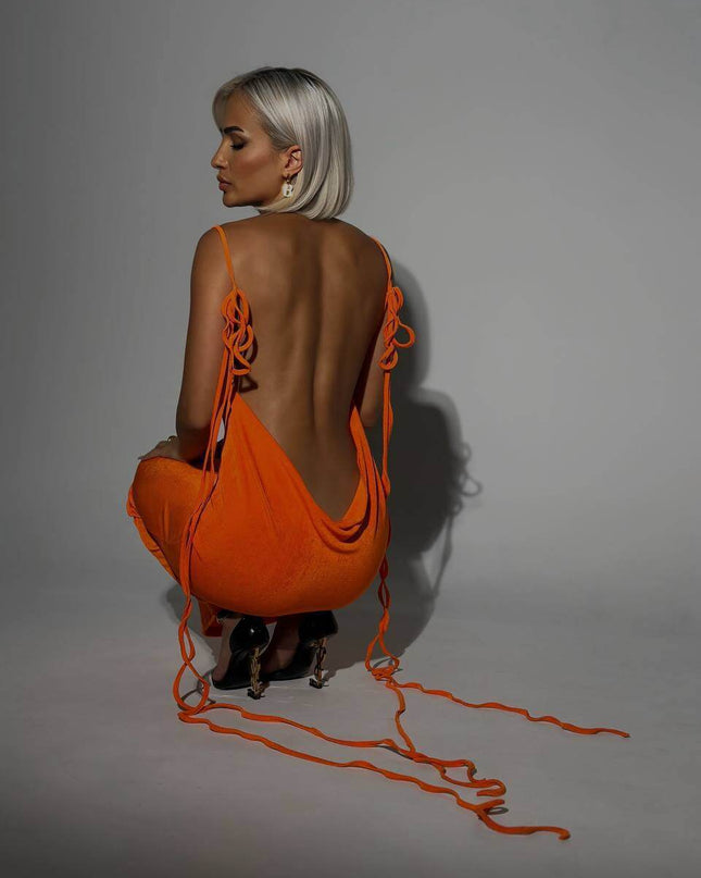 Sexy Slim Backless Dress Summer Camisole Gown Lace-up Long Dress