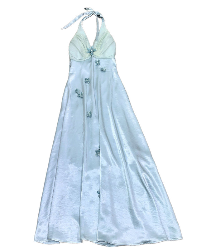 French Vacation Style Heavy Industry Halter Blue Flower Dress