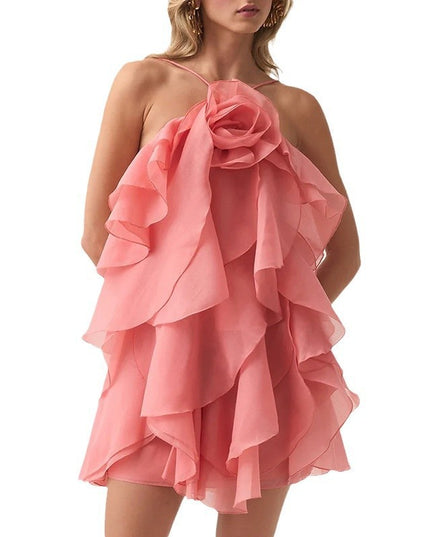 Halter Three-dimensional Flower Design Lace-up Sleeveless Dress