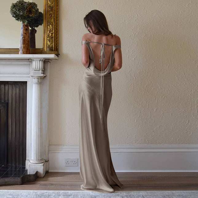 Elegant Pearlescent Backless Dress Lace-up Swing Collar Dress