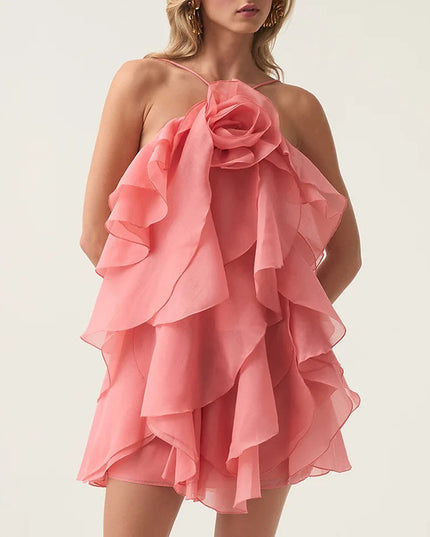 Halter Three-dimensional Flower Design Lace-up Sleeveless Dress