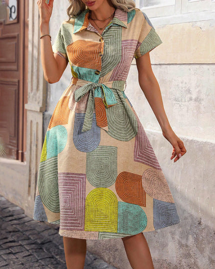 Bohemian Floral Midi Dress – V-Neck, Short Sleeves, Summer-Ready