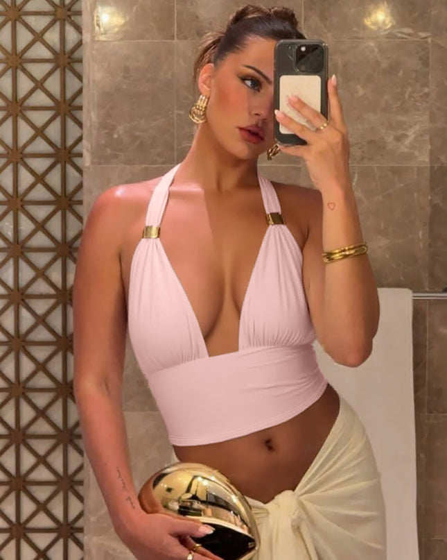 Deep V Metal Decorative Halter Backless Slim Fit Tied Tube Top
