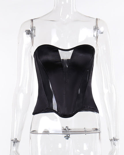 Cold-shoulder Mesh Stitching Waist Top