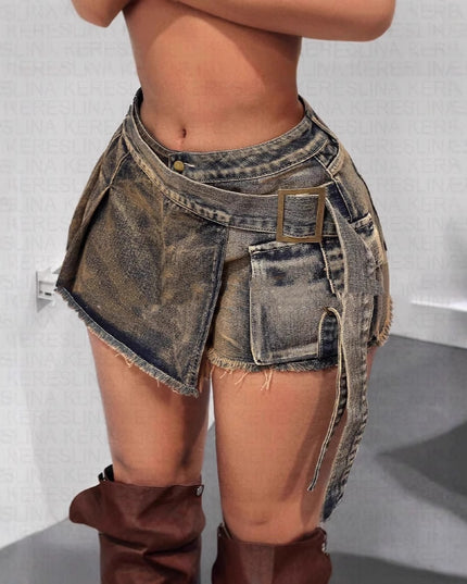 Women's Low Waist Irregular Design Denim Short Skirt