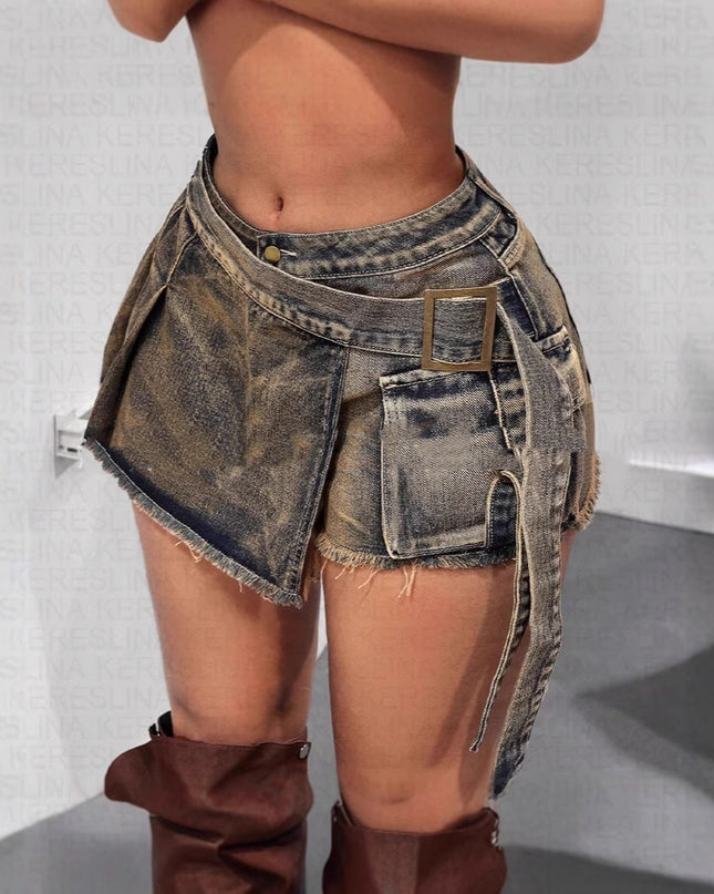 Women's Low Waist Irregular Design Denim Short Skirt