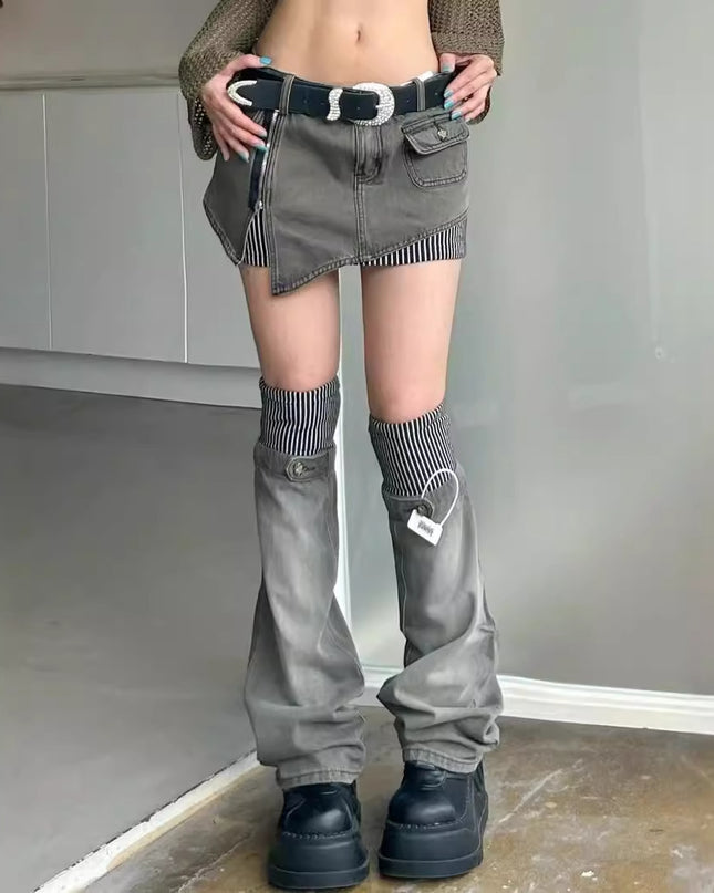 Washed-out Vintage Vintage Color Stitching Denim Skirt Slimming Leg Warmer Two-piece Set