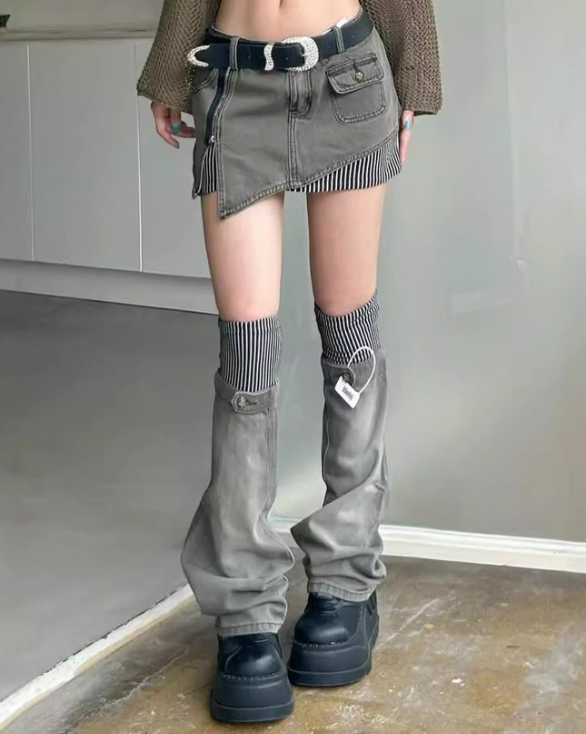 Washed-out Vintage Vintage Color Stitching Denim Skirt Slimming Leg Warmer Two-piece Set