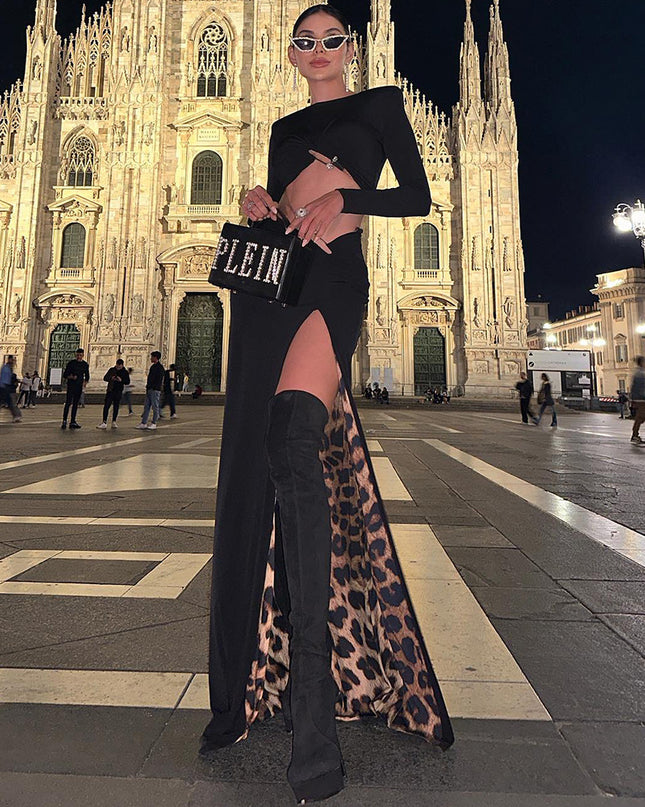 New Black Casual Fashion Two-piece Suit Skirt Suit Leopard Print Lining