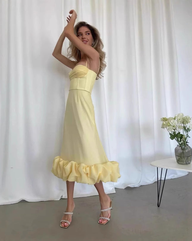 Retro Hepburn Style British Court Tight Waist Yellow Fishtail Skirt