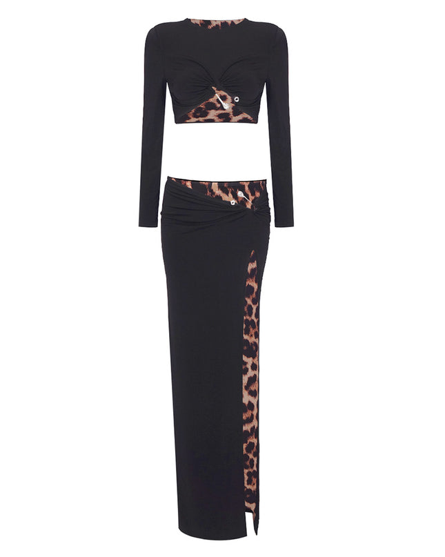 New Black Casual Fashion Two-piece Suit Skirt Suit Leopard Print Lining