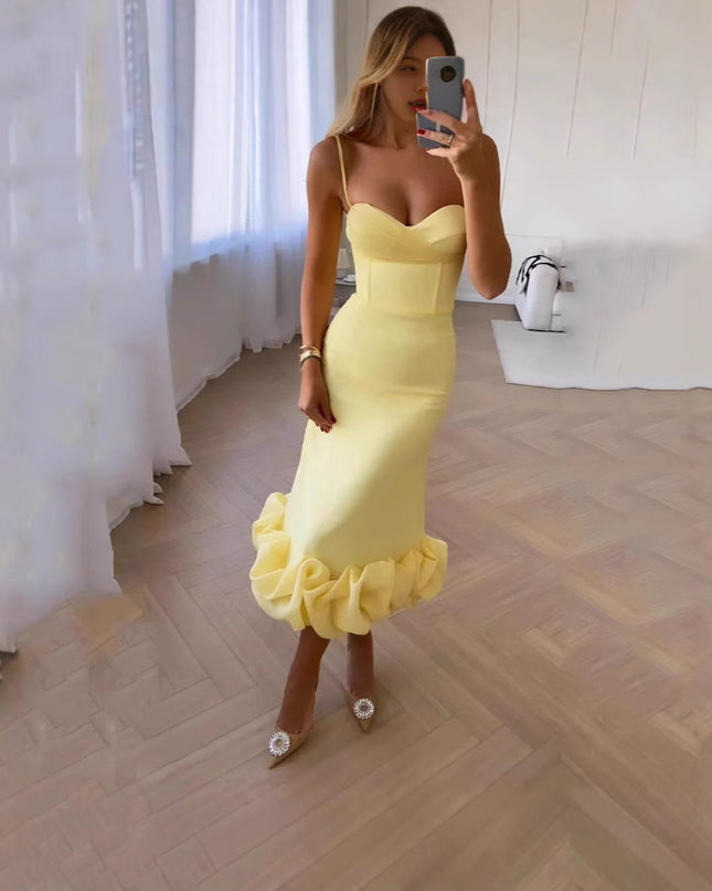 Retro Hepburn Style British Court Tight Waist Yellow Fishtail Skirt
