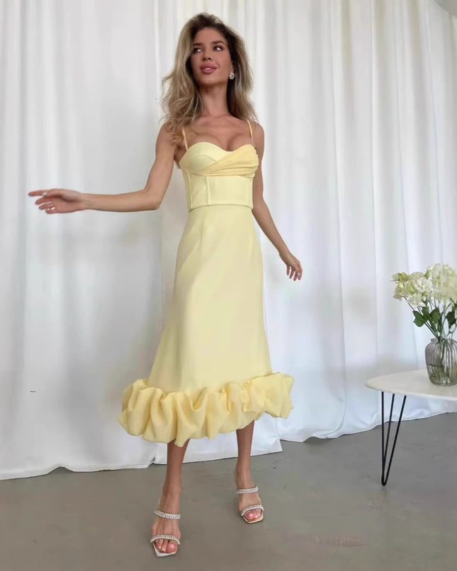 Retro Hepburn Style British Court Tight Waist Yellow Fishtail Skirt