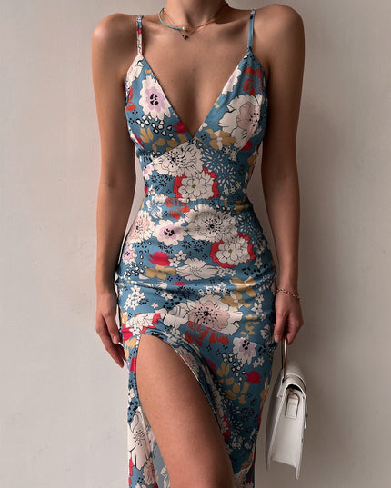 Printed Backless Slit Sling Dress