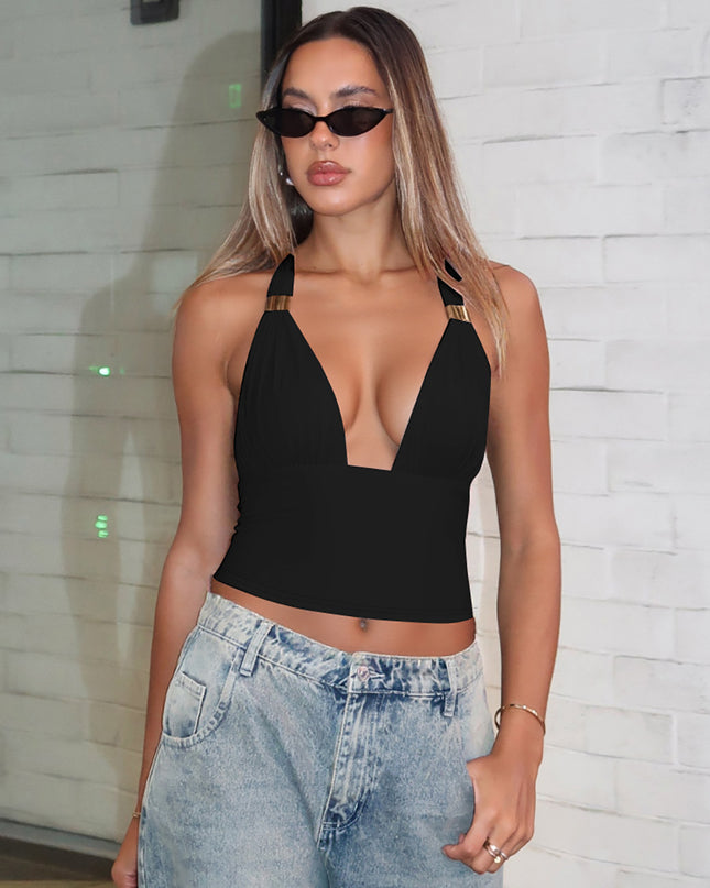 Deep V Metal Decorative Halter Backless Slim Fit Tied Tube Top