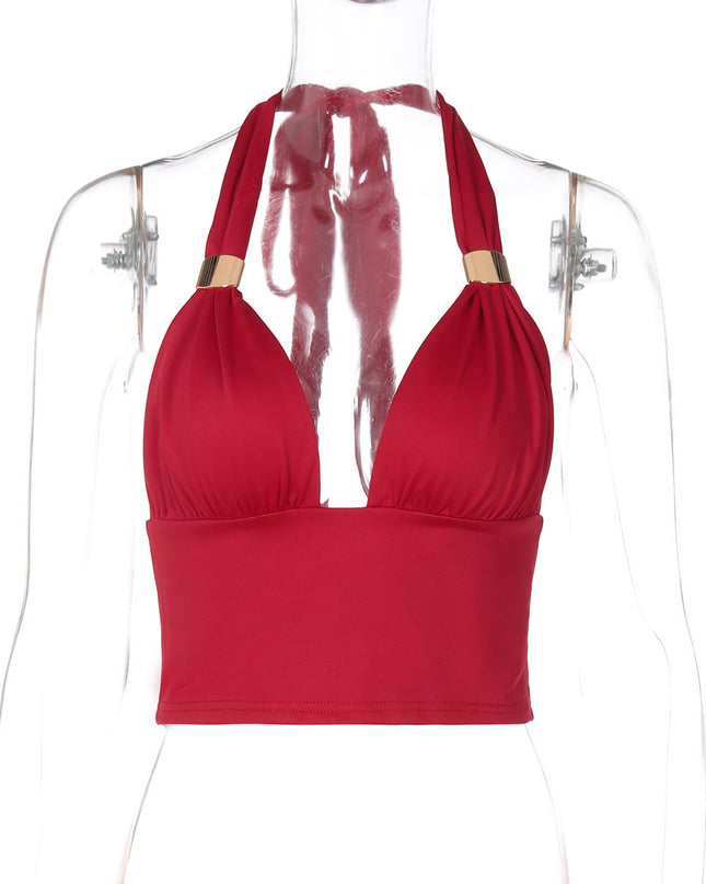 Deep V Metal Decorative Halter Backless Slim Fit Tied Tube Top