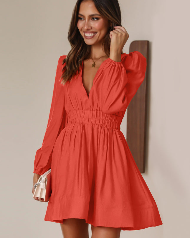 Fashion V-neck Dress Women's Elastic Waist Pleated Ruffled French Skirt Long Sleeve Short Dress