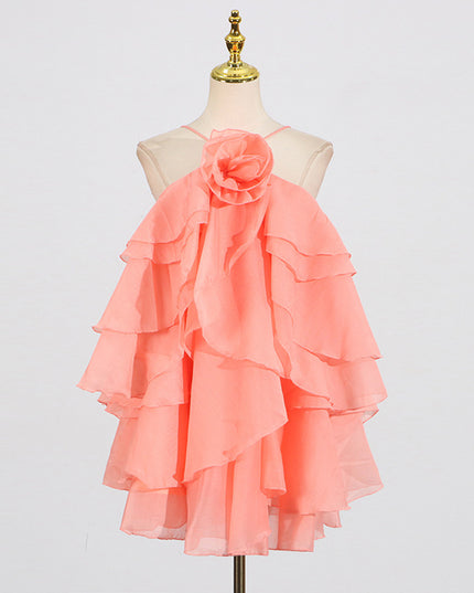 Halter Three-dimensional Flower Design Lace-up Sleeveless Dress