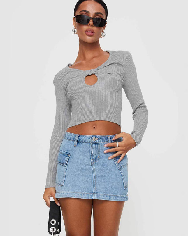 Solid Color Low Waist Denim Slim Fit Package Hip Skirt