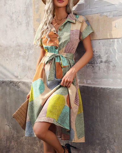 Bohemian Floral Midi Dress – V-Neck, Short Sleeves, Summer-Ready