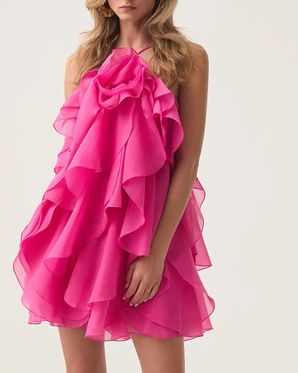 Halter Three-dimensional Flower Design Lace-up Sleeveless Dress