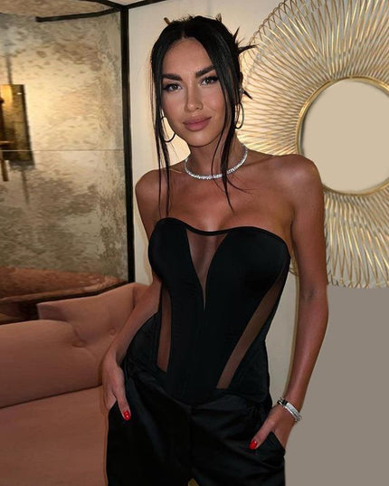 Cold-shoulder Mesh Stitching Waist Top
