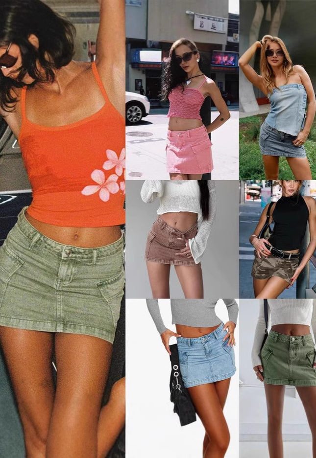 Solid Color Low Waist Denim Slim Fit Package Hip Skirt